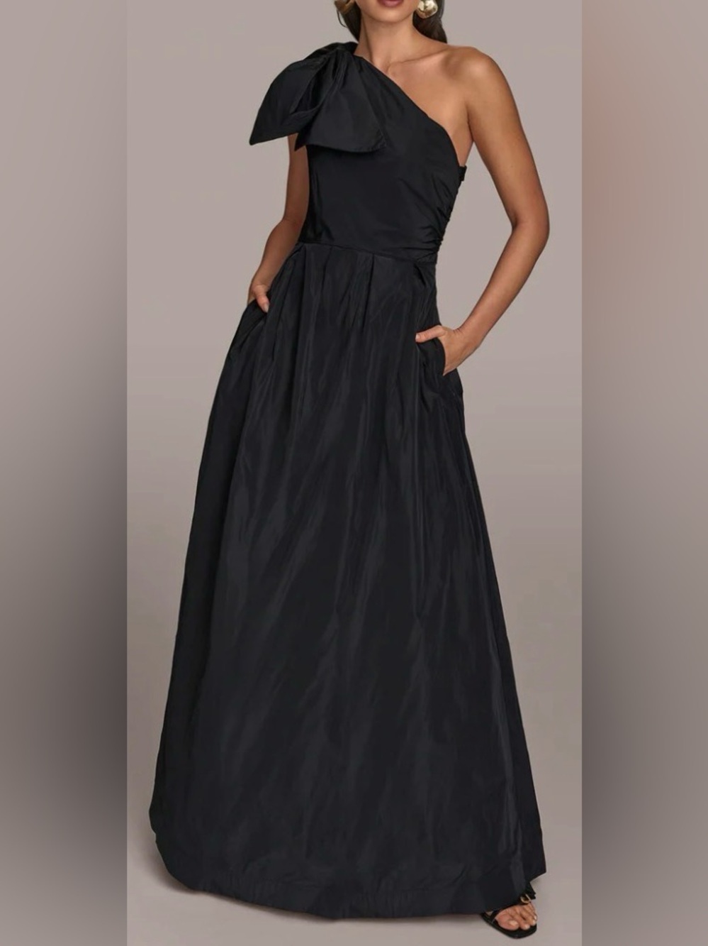 Donna Karan One-Shoulder Black Maxi Dress with Bow Detail